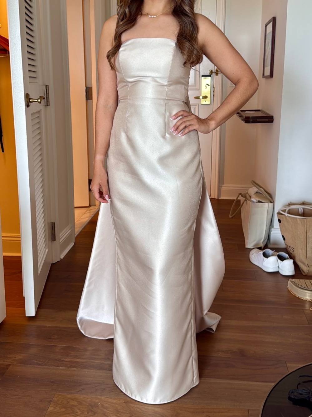 Alfred Sung Strapless Satin Twill Column Gown with Removable Train